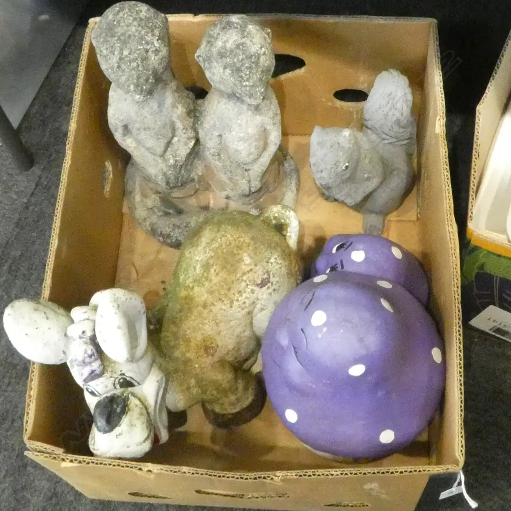 ASST. CONCRETE GARDEN ORNAMENTS; MUSHROOMS, SQUIRREL, MEERKATS, DONKEY Image 1++
