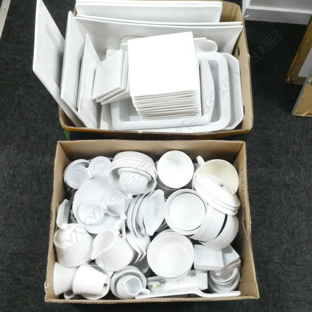 2 BOXES ASST WHITEWARE TRAYS & DINNER CHINA; Incl. MAXWELL & WILLIAMS, etc Image 1++