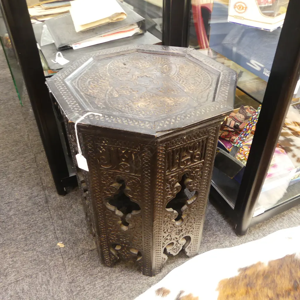 MIDDLE EASTERN EBONISED CARVED WOODEN SIDE TABLE H.470mm, 380mm dia Image 1++