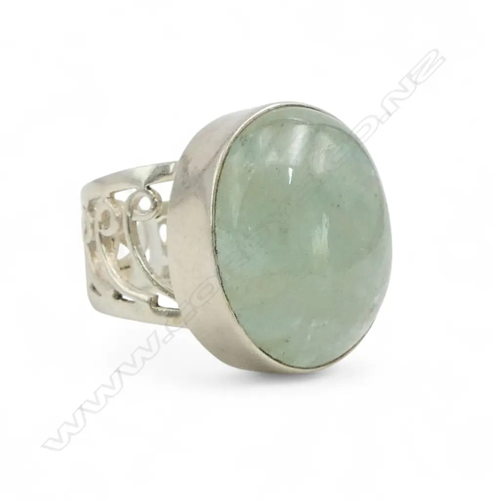 SILVER AQUAMARINE RING with filigree band size P1/2 Image 1++