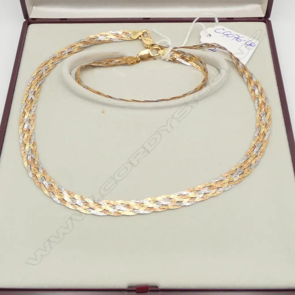 18ct 3 COLOUR GOLD woven pattern NECKLACE & BRACELET in box 28.18gms Image 1++
