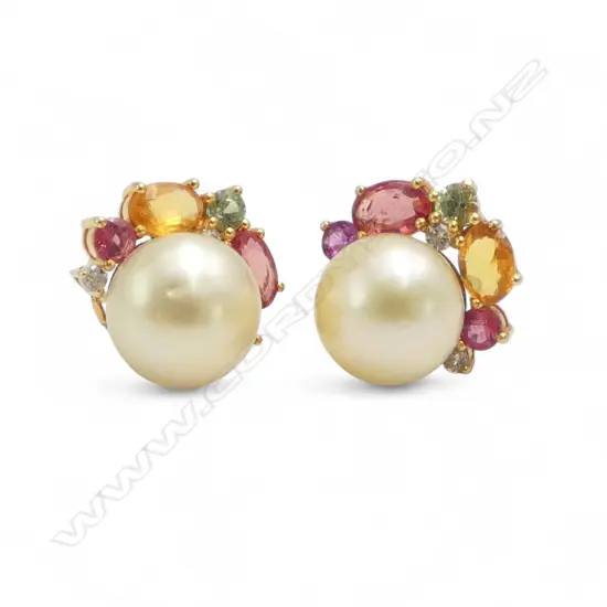 PR 14ct SOUTH SEA PEARL, RUBY, DIAMOND & APATITE EARRINGS