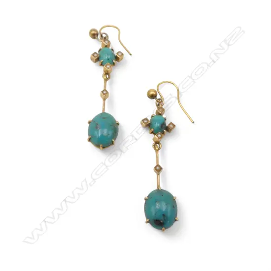 Pair 9ct turquoise and pearl drop  earrings 3.9gms