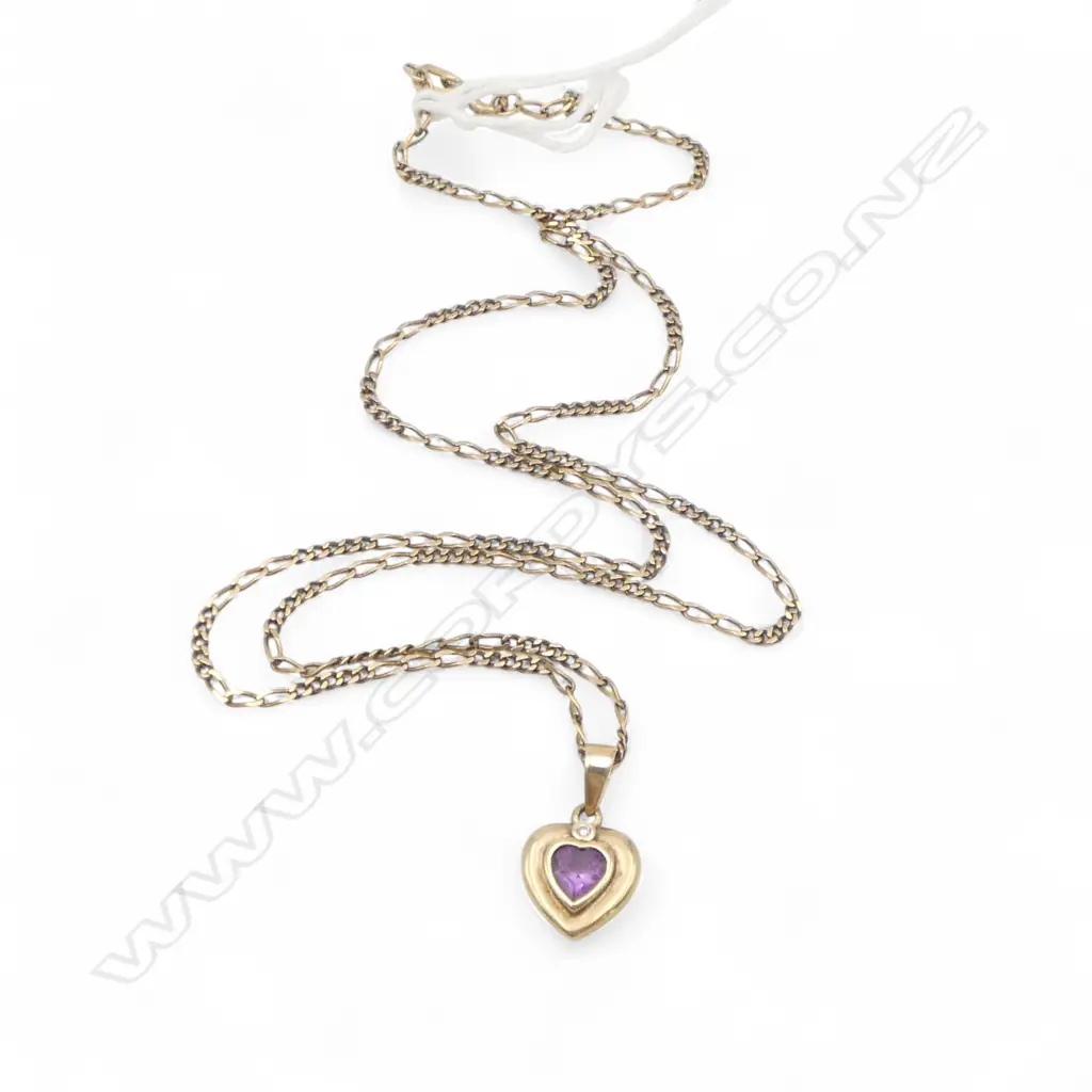 9ct GOLD AMETHYST & DIAMOND PENDANT on 9ct GOLD CHAIN 3.85gms Image 1++