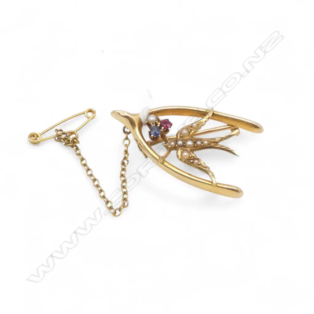 LATE VICTORIAN 15ct GOLD seed pearl ruby & sapphire swallow BROOCH 3.54gms Image 1++
