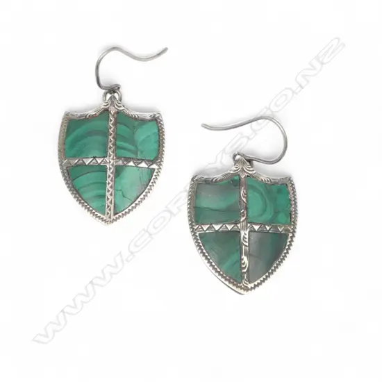 PR ANTIQUE SHIELD FORM SILVER & MALACHITE SET EARRINGS