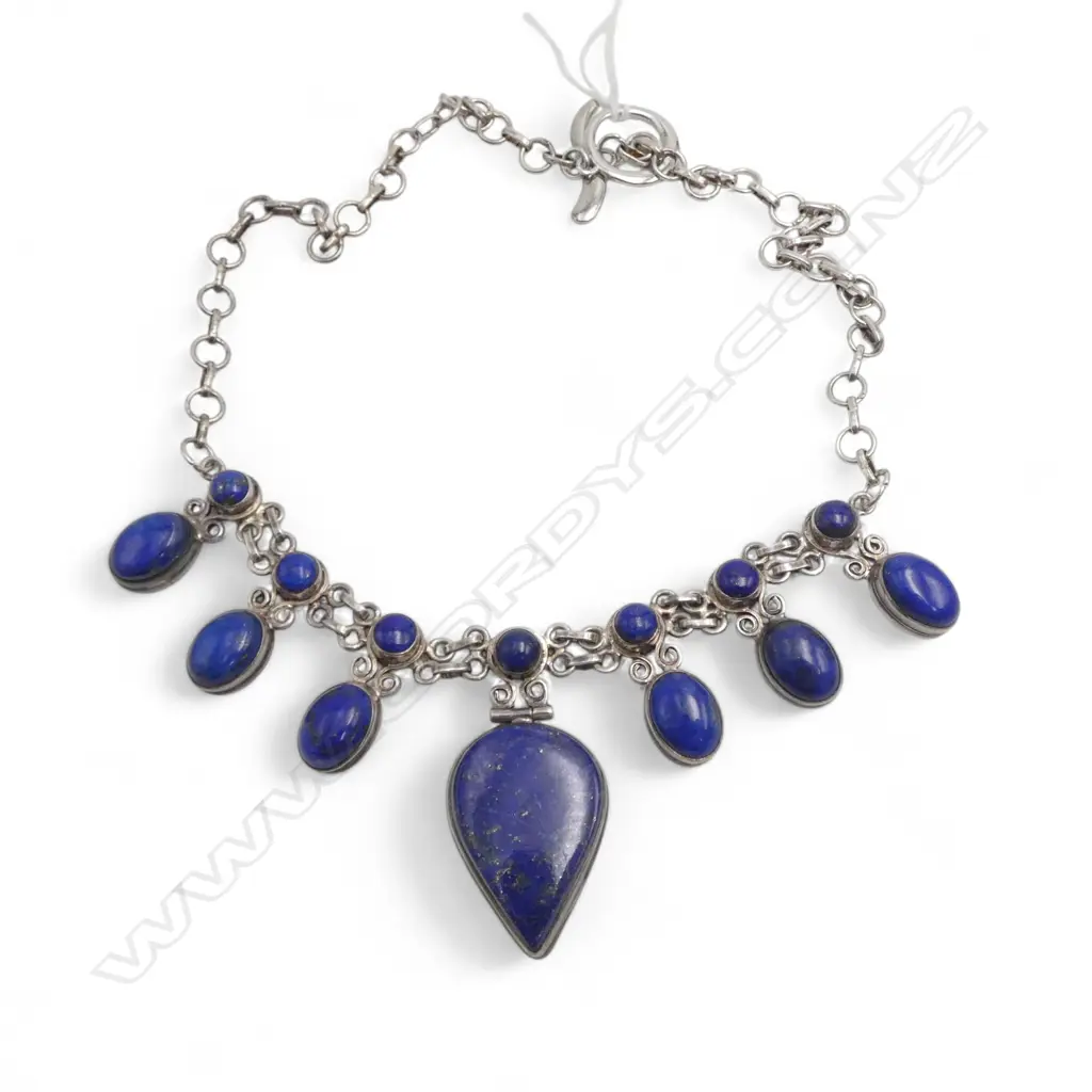 SILVER LAPIS LAZULI FANCY LINK PENDANT NECKLACE Image 1++