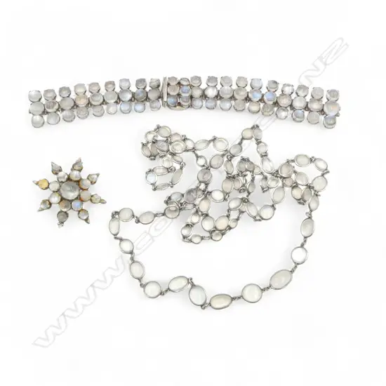 Moonstones: bracelet  (needs repair) + brooch + necklace - a/f