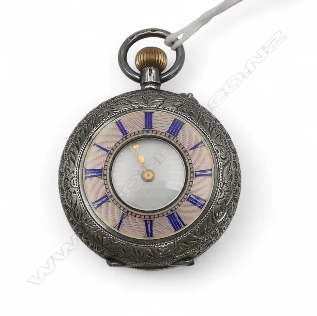 935 SILVER MID SIZE POCKET WATCH pale mauve enamel chapter ring. Running Image 1++
