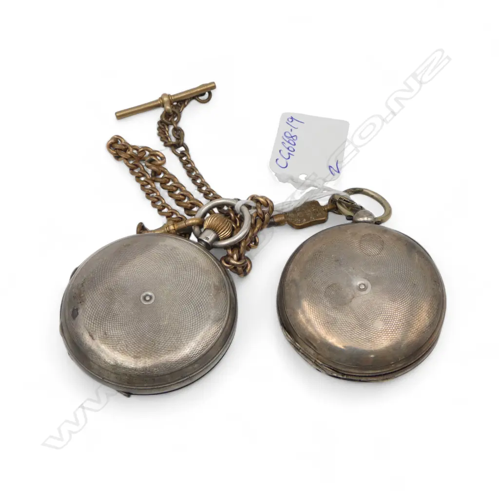 2 EARLY 20thC SILVER CASE HUNTER POCKET WATCHES: Rotherhams & marked Adelaide with faults. + plated chain + NZ key Image 1++