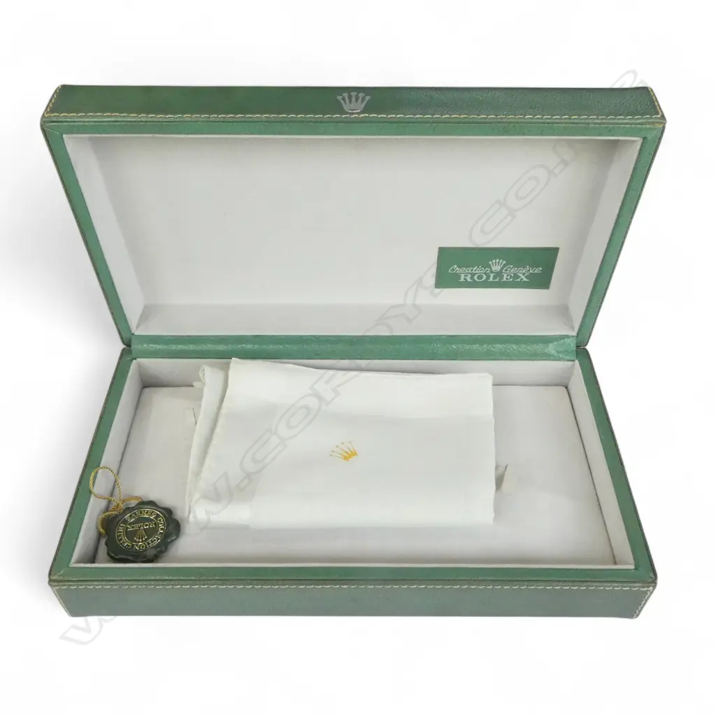 Vintage ROLEX GREEN LEATHER WATCH BOX L.210mm with green swing tag + Rolex monogrammed cleaning cloth Image 1++