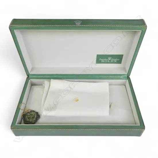 Vintage ROLEX GREEN LEATHER WATCH BOX L.210mm with green swing tag + Rolex monogrammed cleaning cloth