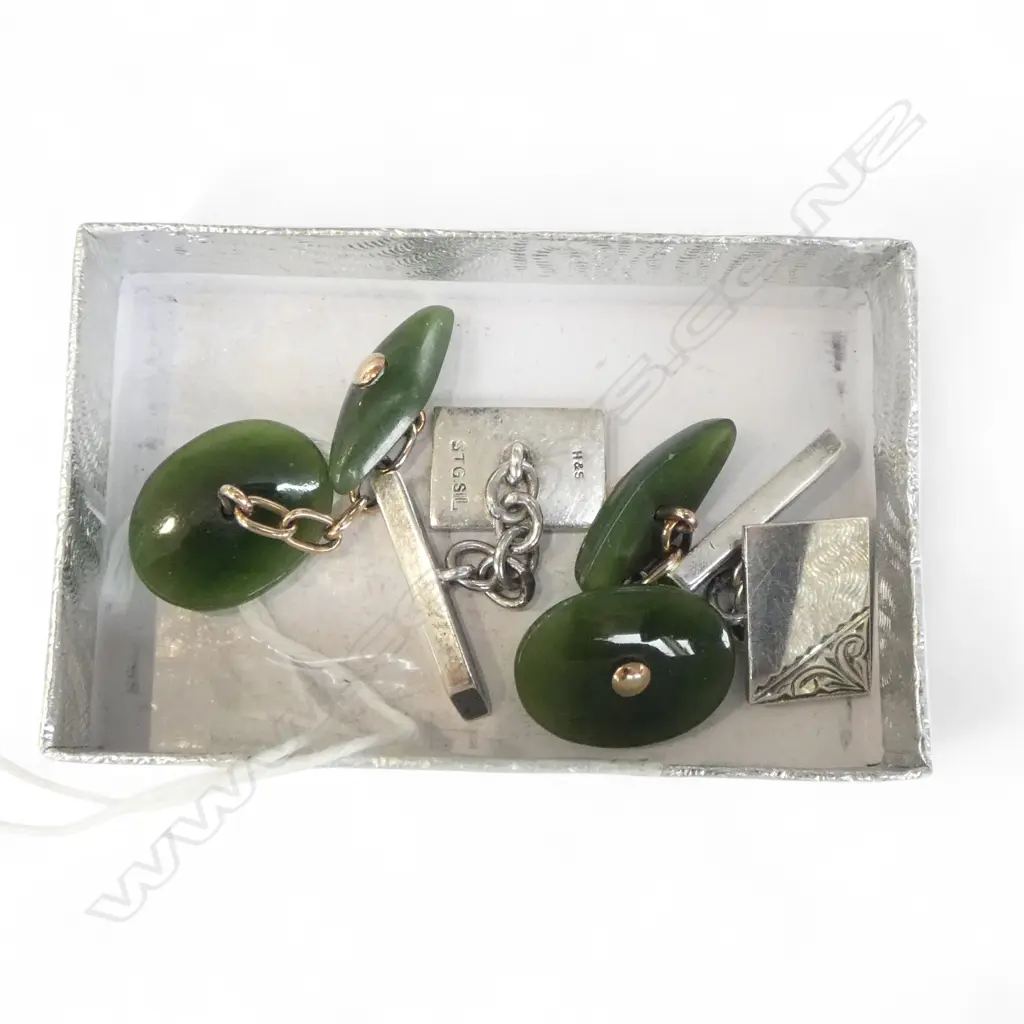 2 PRS CUFFLINKS; GREENSTONE w. GOLD LINKS 19x14mm & STG SILVER Image 1++