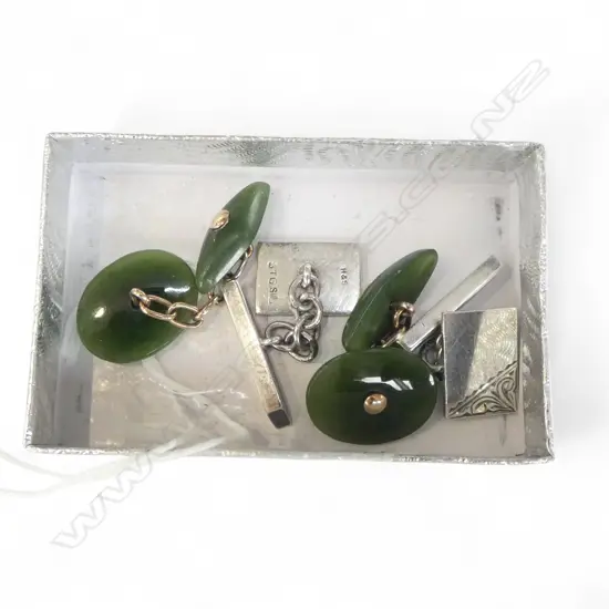 2 PRS CUFFLINKS; GREENSTONE w. GOLD LINKS 19x14mm & STG SILVER