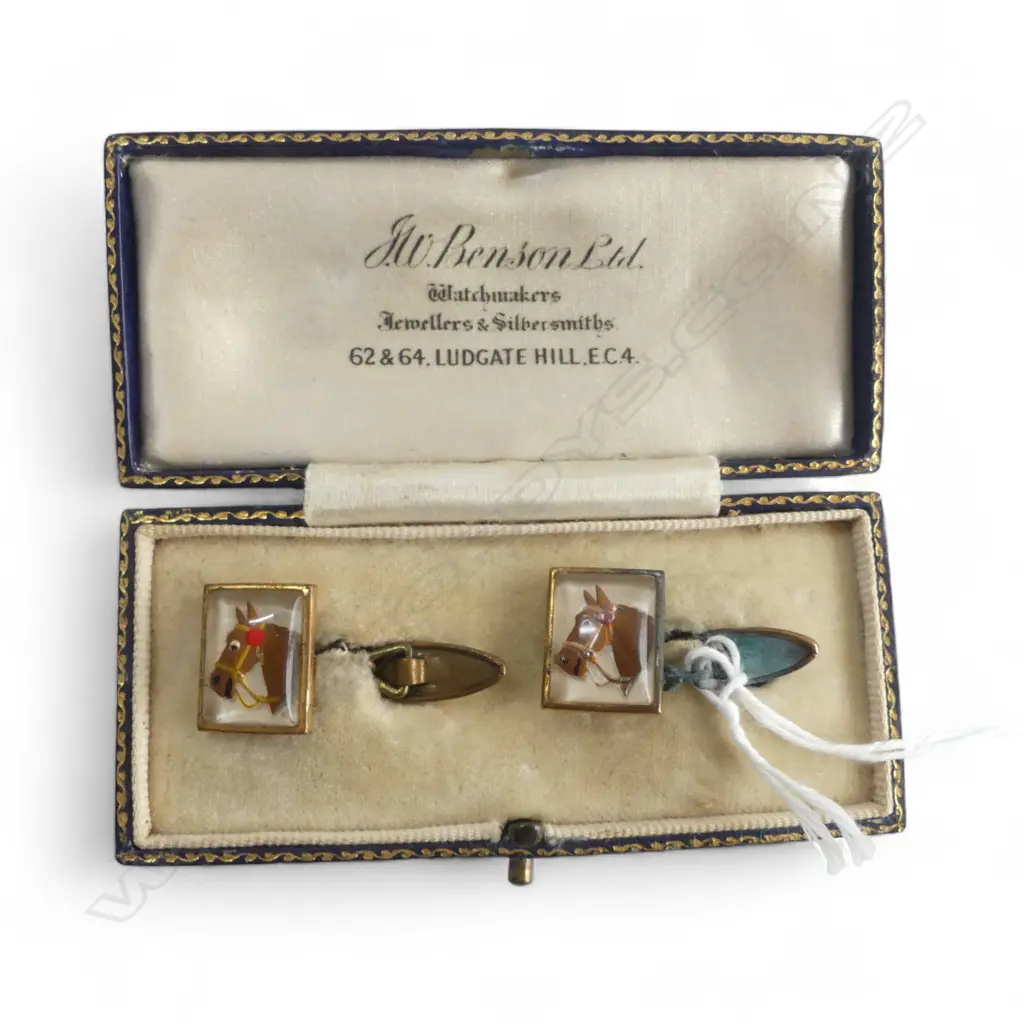 Pair OF ESSEX CRYSTAL HORSE HEAD GILT CUFFLINKS boxed. Lid named J.W. Benson Ltd. Image 1++