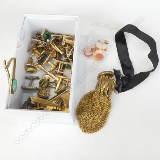 ASST. COSTUME CUFF LINKS, CAMEOS, PLATED CROSS PENDANT & MISER PURSE