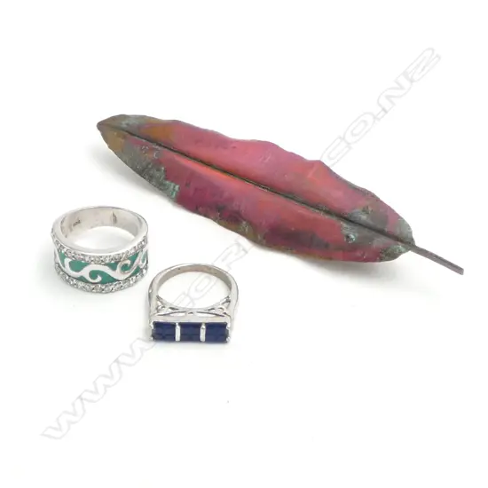 2 RINGS (1w silver mark) + patinated copper leaf brooch