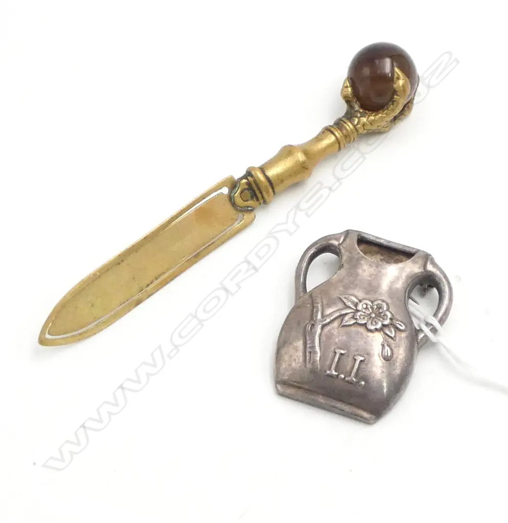 BRASS & AGATE eagles claw BOOK MARK + MINI SILVER VASE BROOCH Image 1++