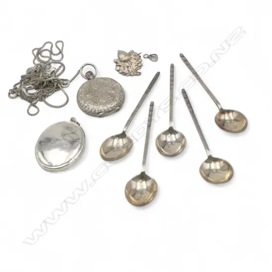 ASST SILVER JEWELLERY + SPOONS + LADIES FOB WATCH. 54gms watch weight not included