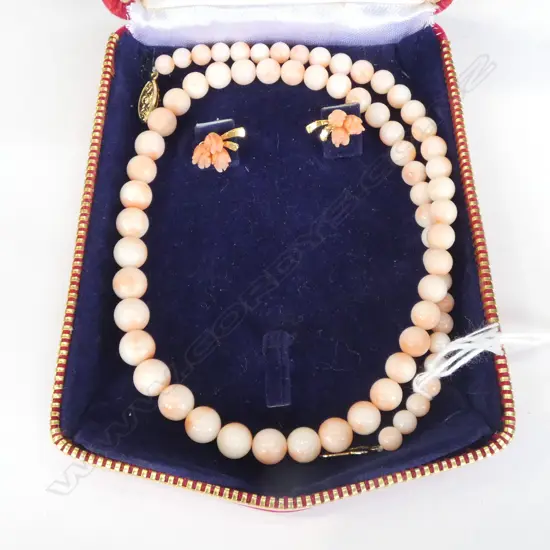 CORAL BEAD NECKLACE L.475mm + PR EARRINGS, BOXED