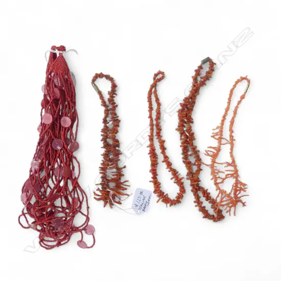 5 RED BEAD NECKLACES, CORAL ETC