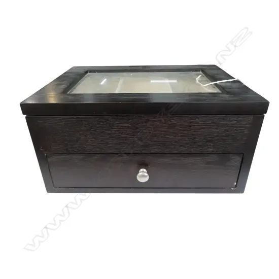 MODERN EBONISED JEWELLERY BOX + 2 ladies watches + costume articulated ring etc