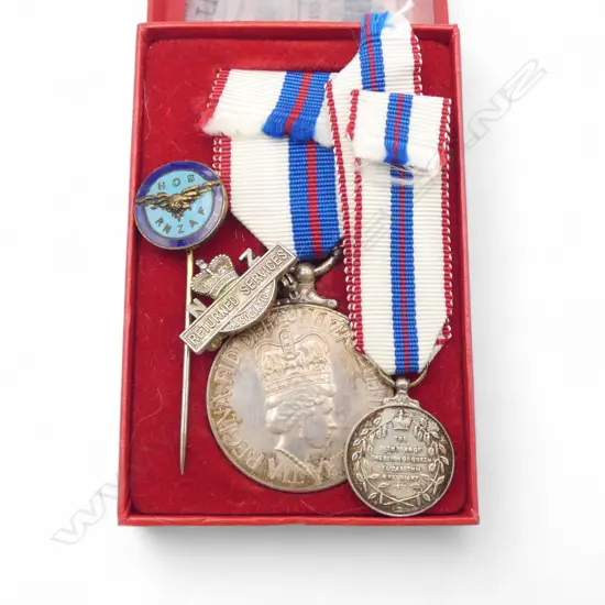 QEII 25th year REIGN MEDAL + miniature MEDAL + RNZAF enamelled pin + Returned Services badge