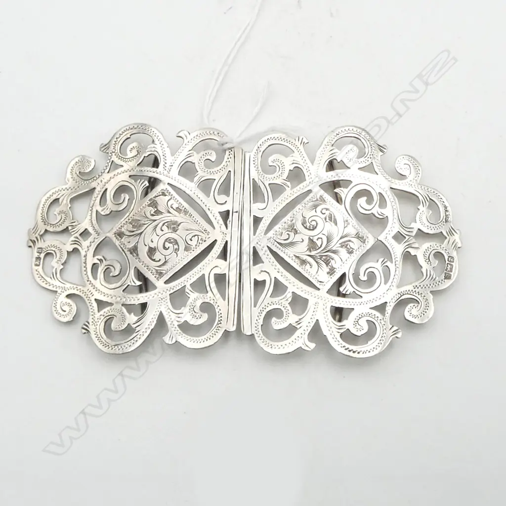 STG SILVER 2 PIECE SCROLLING BUCKLE, 'S & Co.' MAKER, B'HAM 1900, 38gms Image 1++