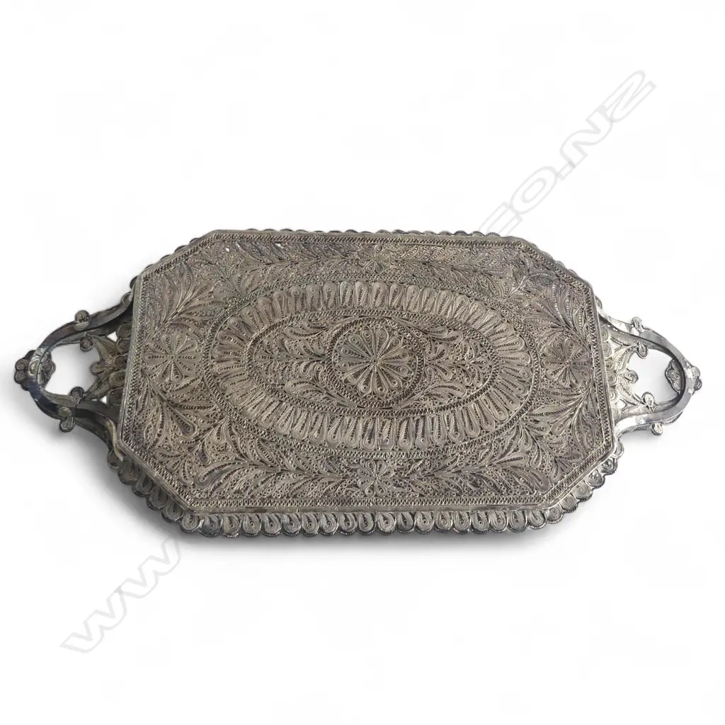 SILVER FILIGREE TRAY (TESTS BETWEEN 800-900) 320x150mm 376gms + SILVER METAL PARASOL HANDLE L.310mm Image 1++