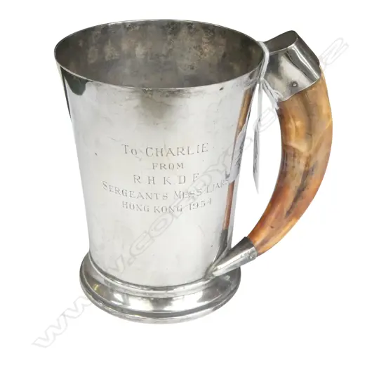 BIRMINGHAM 1951 LGE SILVER MUG with tusk handle. Inscribed 'Sergants Mess Liars Hong Kong 1954'. 523gms