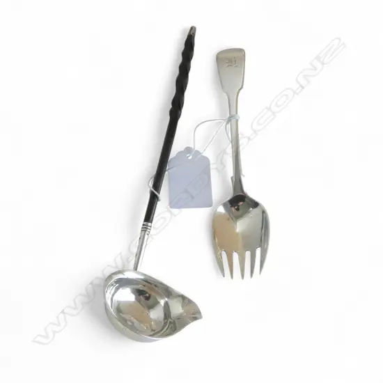 STG SILVER TODDY LADLE, JOHN MERRY LONDON 1802 L.190mm + FORKED SPOON, WILLIAM CHAWNER LONDON 1829 47gms