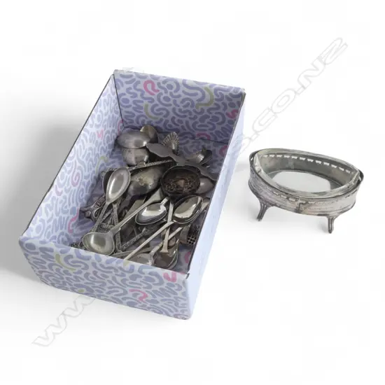 COLLECTION OF SILVER & SILVER PLATED SPOONS + STG SILVER SALT 42.5 etc0gms