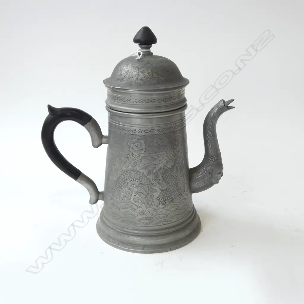 CHINESE PEWTER COFFEE POT WITH DRAGON DETAIL TO THE BODY AND HUMAN FACE TO THE SPOUT H.250mm Image 1++