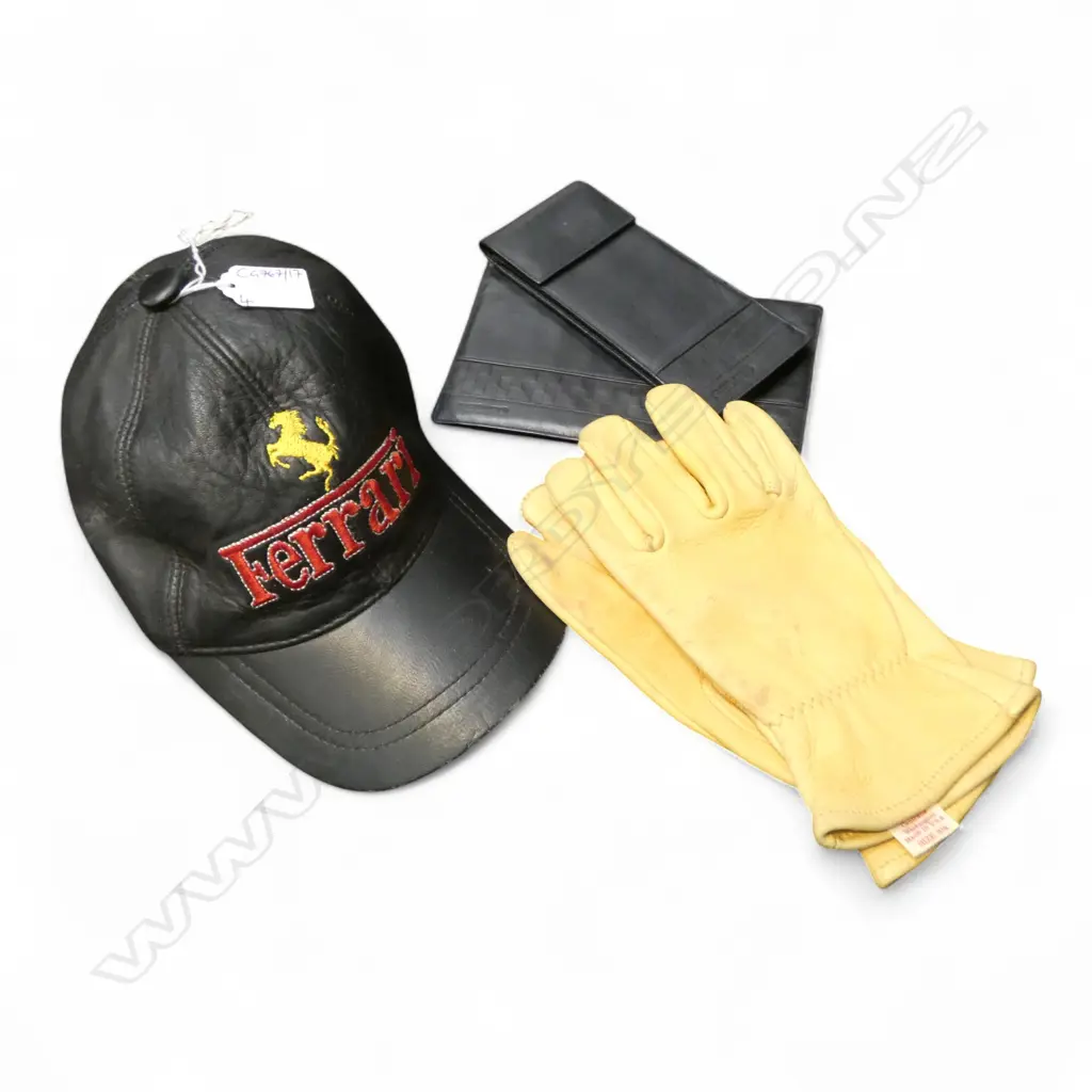4 LEATHER FASHION PCES; FERRARI CAP, PR CHURCHILL USA GLOVES, 2 RECARO WALLETS Image 1++