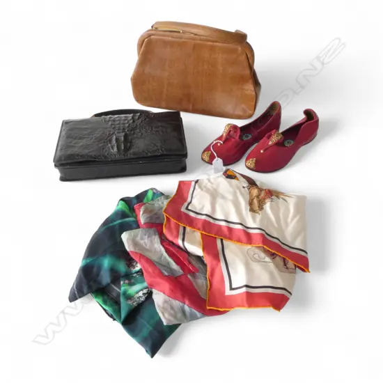 2 VINTAGE HANDBAGS, 3 SILK SCARVES, PR 'BURGESS' SLIPPERS UK 5 - SMALL L.260mm