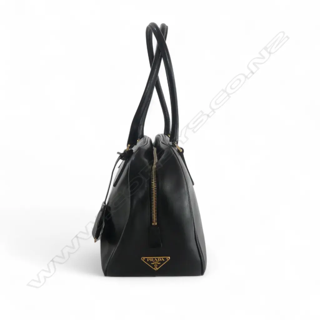 1990s PRADA BLACK LEATHER BOSTON BAG W.350mm Image 1++