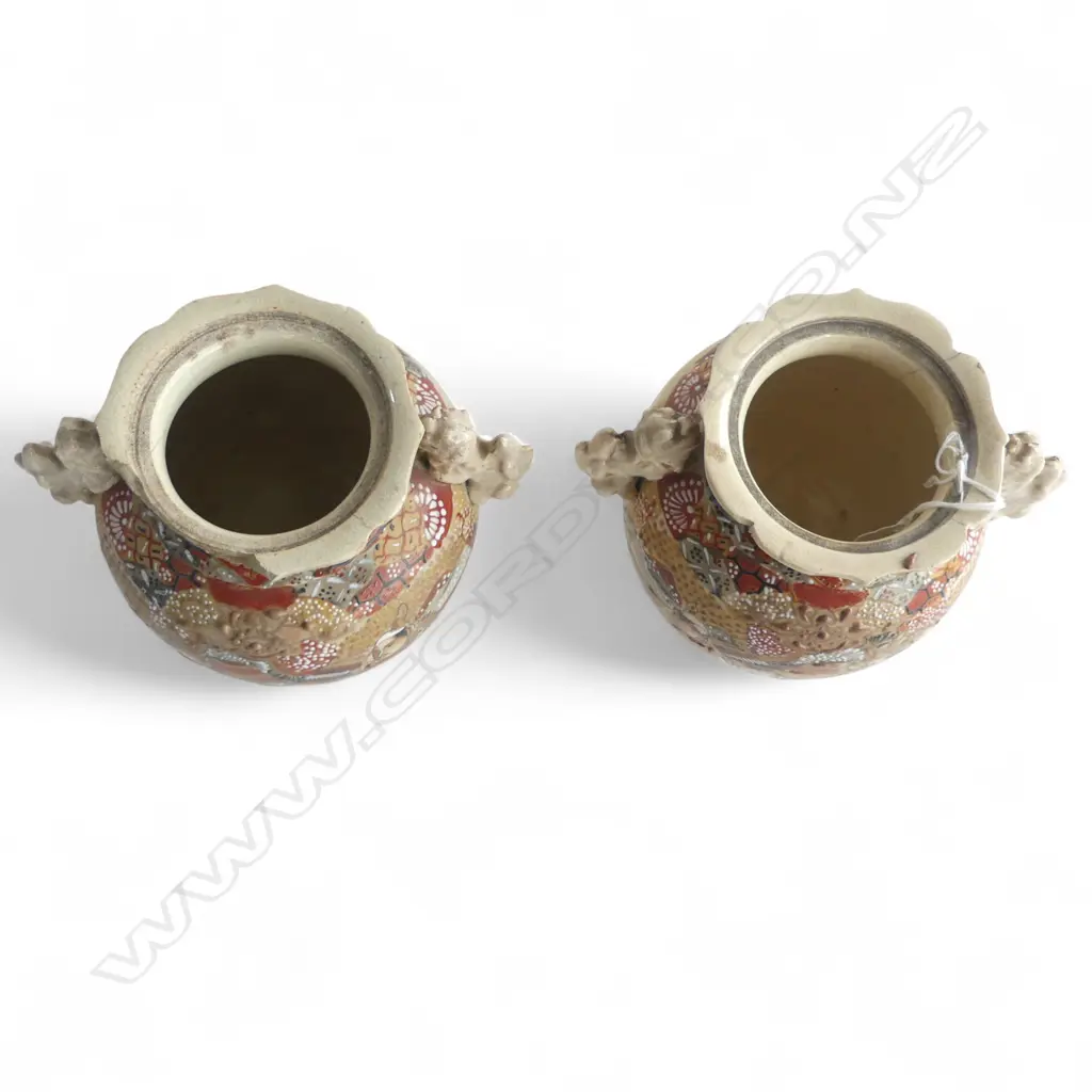 PR SATSUMA VASES w FOO DOG HANDLES, H.160mm, both damaged Image 1++