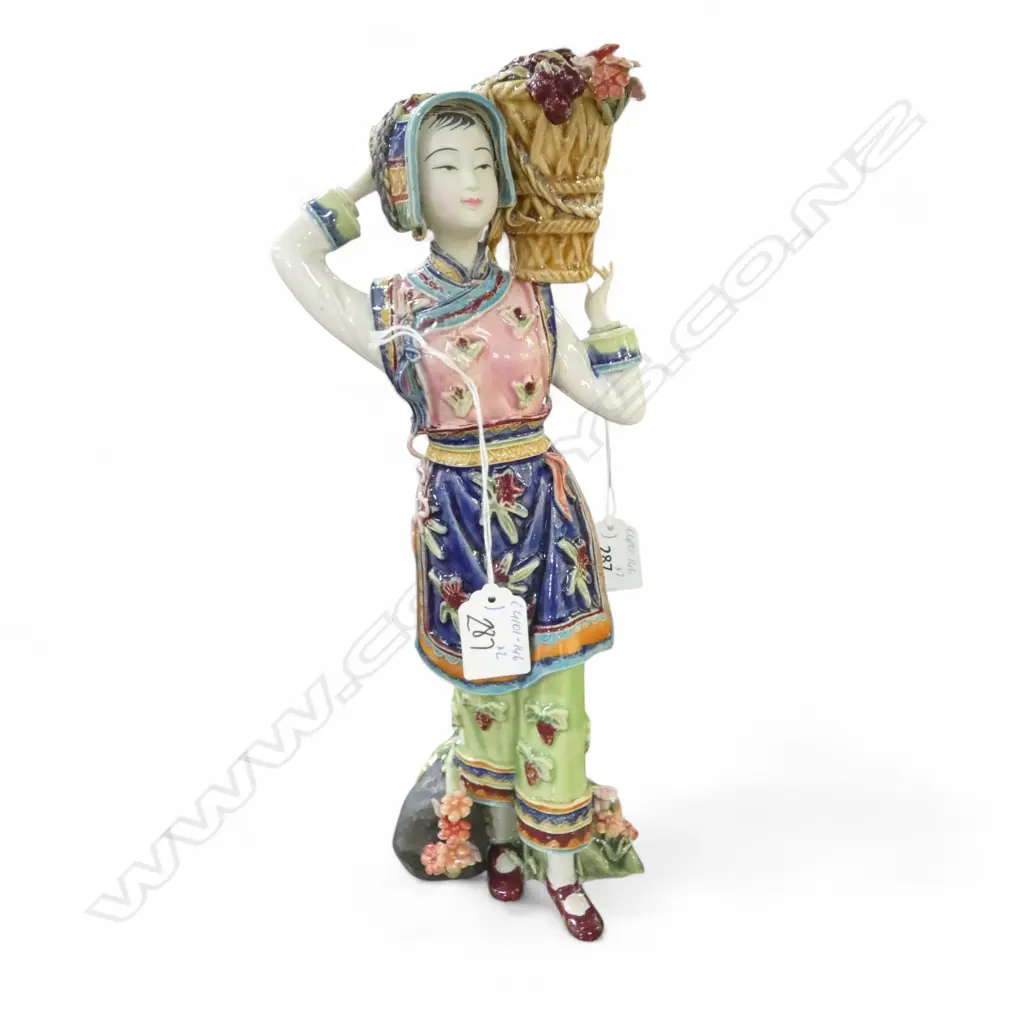A CHINESE SHIWAN FIGURINE WOMAN WITH A FLOWER BASKET 340mm(H) BOXED AND A CHINESE CORK DIAORAMA LANDSCAPE 190mm(H) Image 1++
