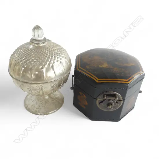 ORIENTAL OCTAGON BOX w DRAGON MOTIF, H.110mm, Dia.150mm & HEAVY GLASS COMPORT, H.200mm