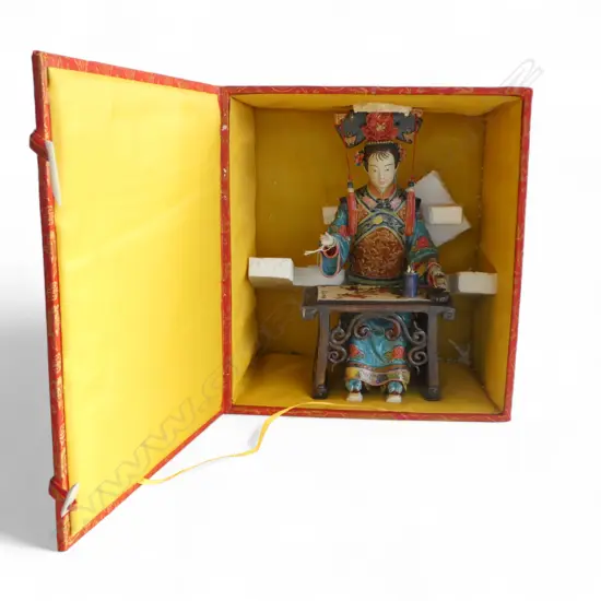 A SHIWAN CHINESE FIGURINE OF A WOMAN PRACTISING CALLIGRAPHY 300mm (H) in presentation box