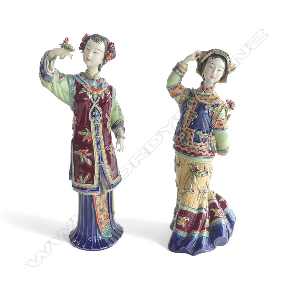 A PAIR OF CHINESE SHIWAN FIGURINES ONE WITH BASKET AND ONE WITH FLOWER (MISSING FINGER) 310mm (H) in presentation boxes Image 1++