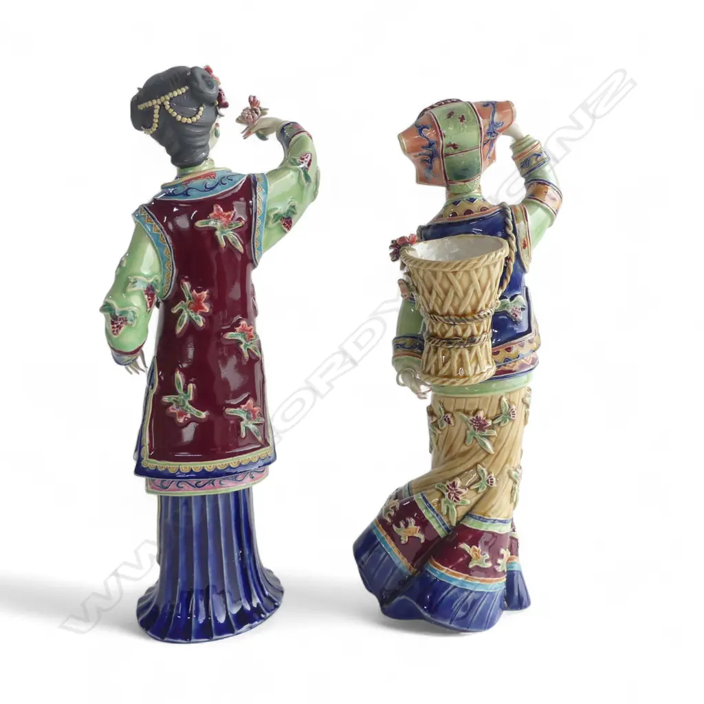A PAIR OF CHINESE SHIWAN FIGURINES ONE WITH BASKET AND ONE WITH FLOWER (MISSING FINGER) 310mm (H) in presentation boxes Image 1++