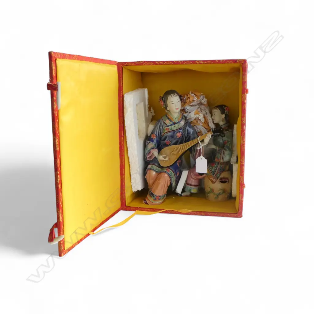 A CHINESE SHIWAN FIGURINE OF A LADY PLAYING A PIPA & OTHER DRINKING SAKE - foot broken 280mm (H) & presentation box Image 1++