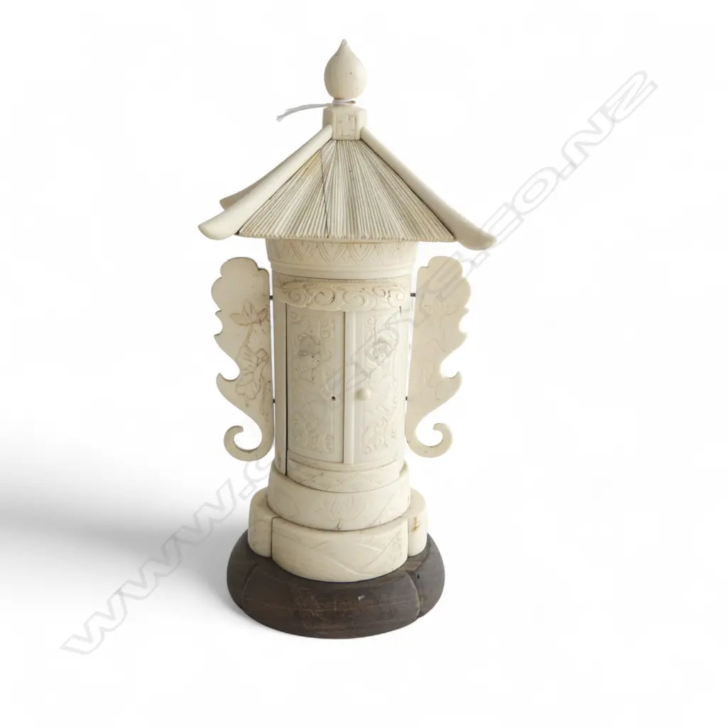 CARVED BONE JAPANESE SHRINE doors open to carved interior. One door w. fault. H.220mm Image 1++