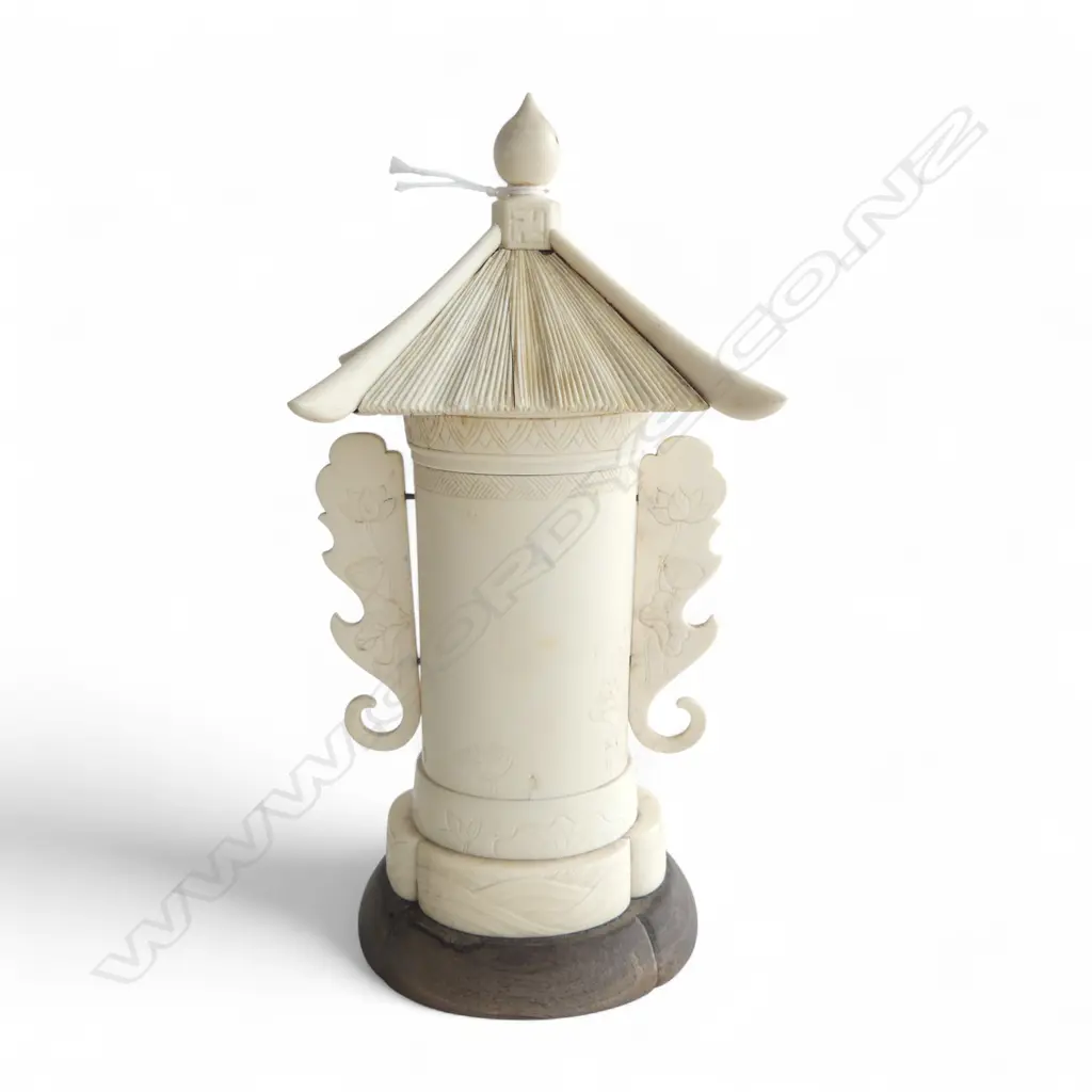 CARVED BONE JAPANESE SHRINE doors open to carved interior. One door w. fault. H.220mm Image 1++