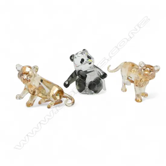 3 SWAROVSKI ANIMALS; 2 CATS L.80mm, PANDA w. BAMBOO BRANCH ALL BOXED