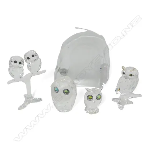 4 SWAROVSKI OWLS, 3 BOXED 1 AF + CRYSTAL D'ARQUES OWL 90x100mm