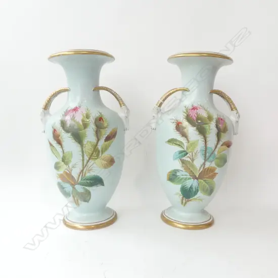 PR VICTORIAN CHINA URNS w. GOAT HANDLES H.430mm