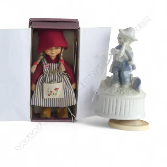 HANDCRAFTED DANISH PORCELAIN DOLL & WIND-UP MUSICAL PORCELAIN FIGURINE, H.180mm