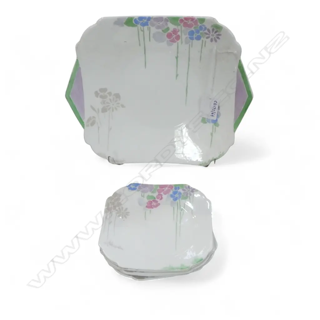 SHELLEY CHINA DECO CAKE PLATE & 5 SANDWICH PLATES FLORAL DESIGN Image 1++